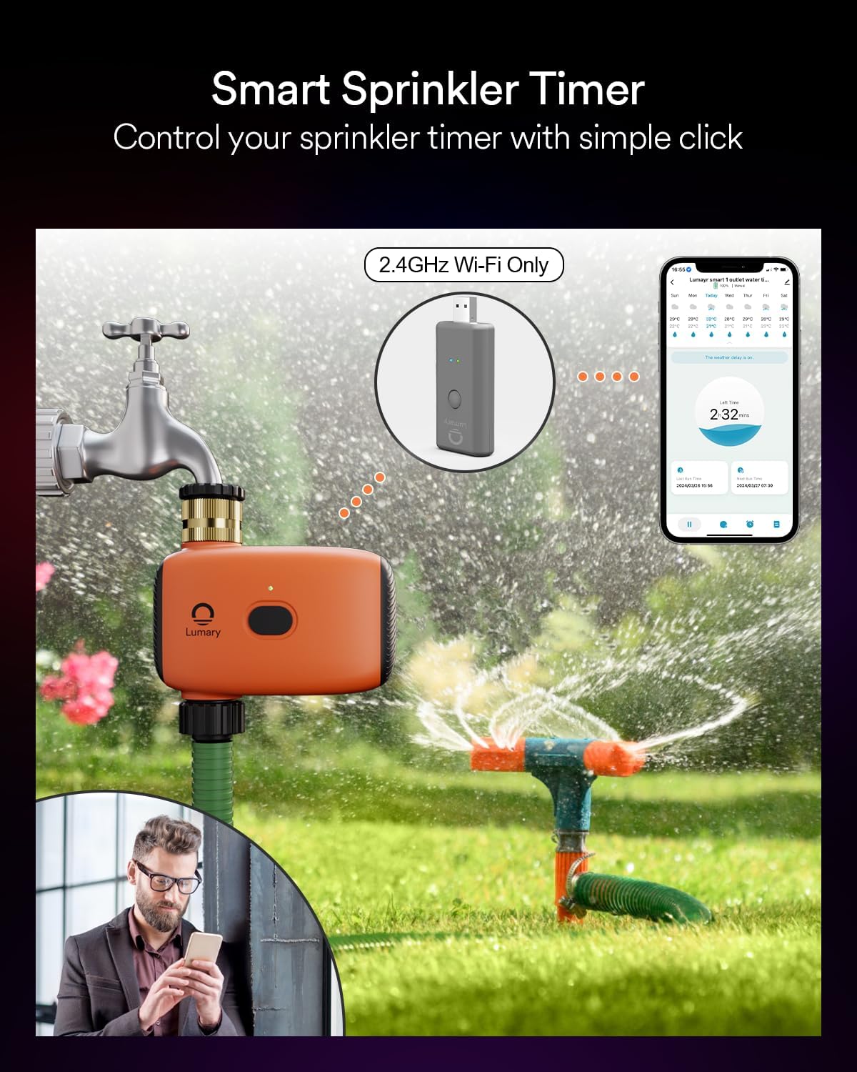 Lumary WiFi Water Timer for Garden Hose, Battery Sprinkler Timer for Watering Brass Inlet Outdoor, Rain Delay/Remote/Manual/Automatic Drip Irrigation System Programmable Faucet, Compatible with Alexa