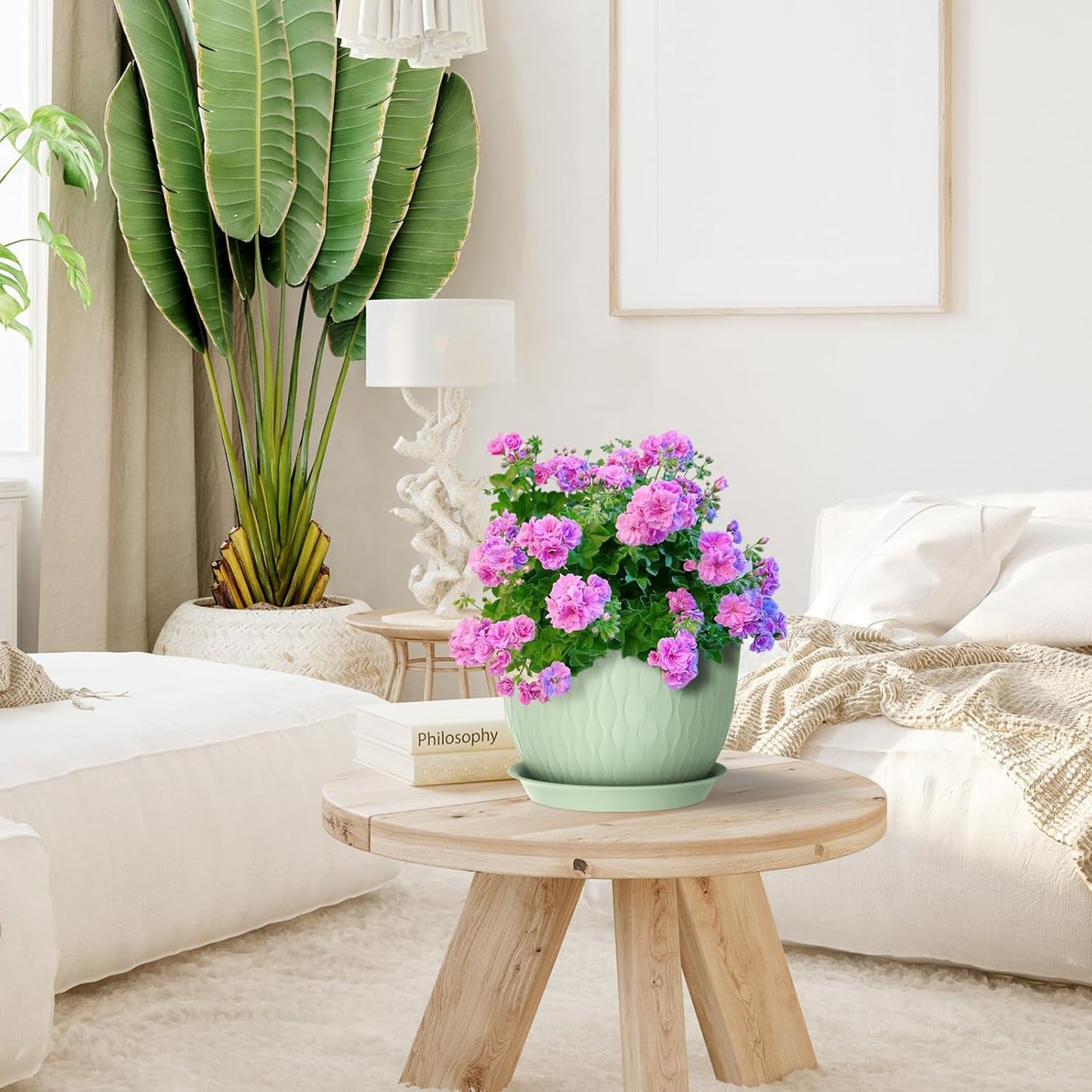 Large Flower Pots 12/10/9 inch, 3 Set Wide Plant Pots for Outdoor Indoor Plants with Water Ripples, Big Plastic Planters with Drainage Holes and Saucers for Garden House Plants, Green