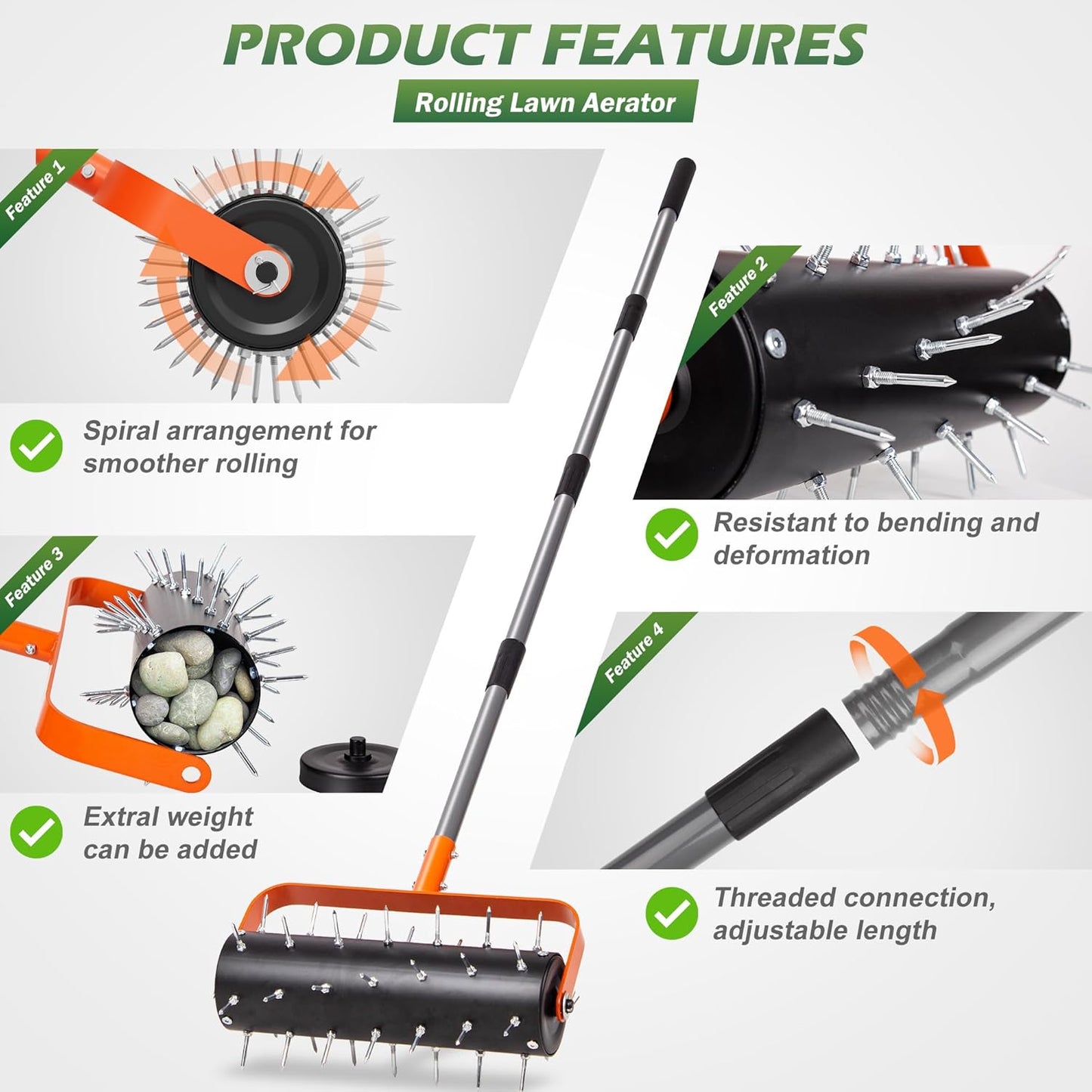 Walensee Rolling Lawn Aerator, Heavy Duty Manual Aerator Tool with 42 Spikes, Lawn Spike Aerator Roller with 71" Adjustable Handle, Soil Penetrator Push Lawn Aeration for Garden Yard Patio