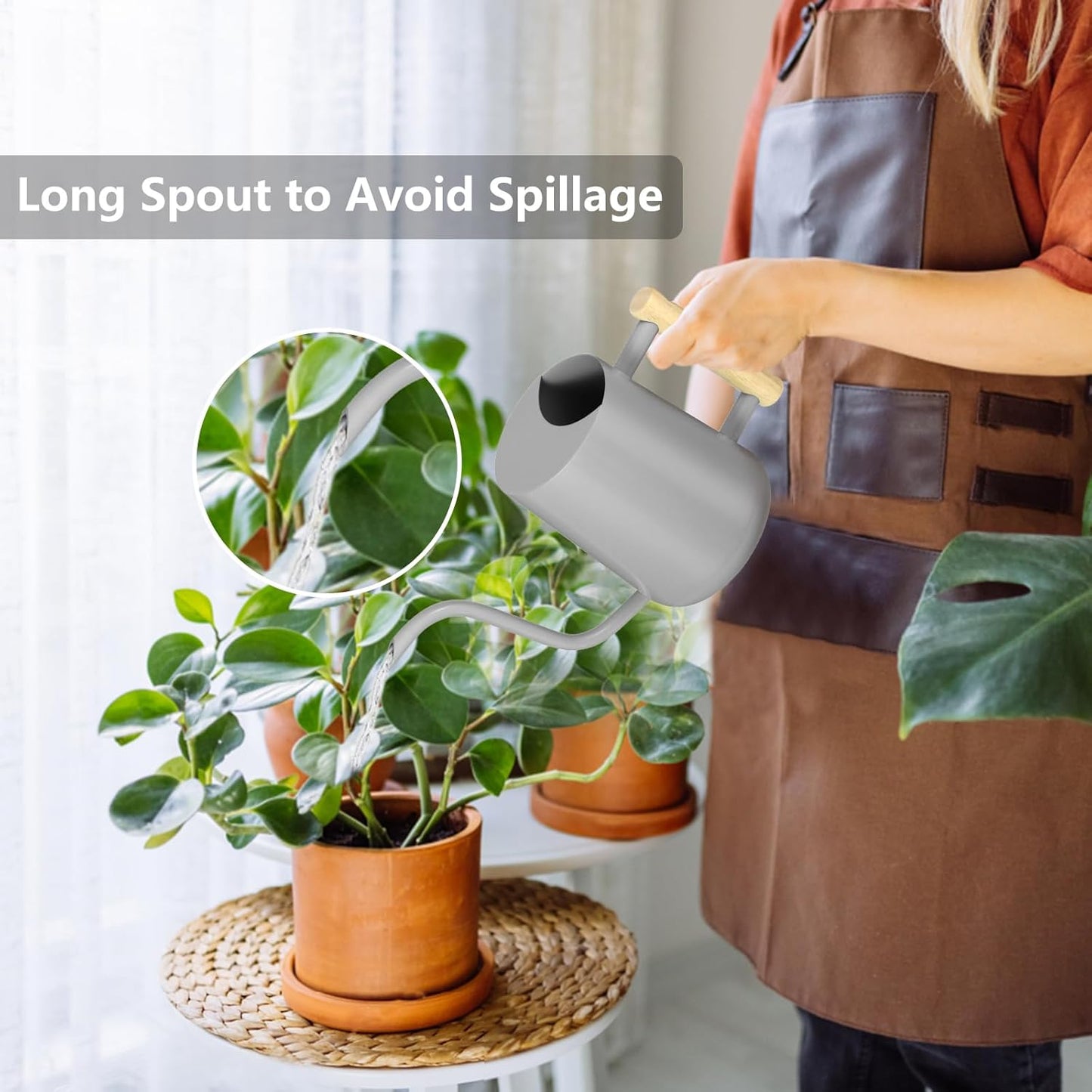 Watering Can Indoor Plants, 35oz Small Indoor Stainless Steel Metal Watering Can Modern Decorative Watering Pot with Long Spout for Indoor House Plant Bonsai Garden Flowers (Gray)