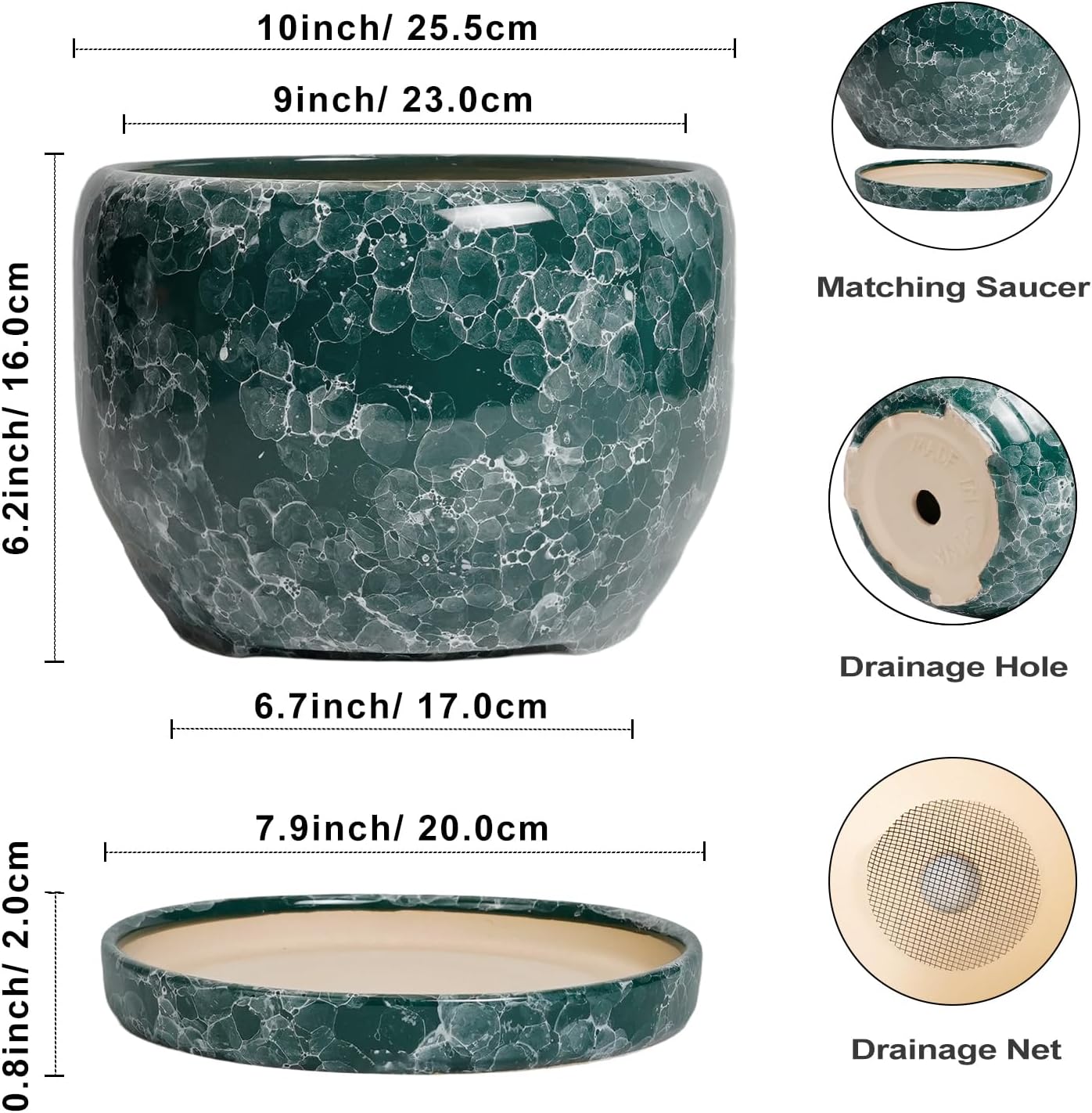 SQOWL 10 Inch Plant Pot - Ceramic Planter for Indoor Plants Outdoor, Large Ceramic Flower Pot with Drainage Hole and Saucer, Decorative Round Planter, Living Room Decor, Gifts for Women Men, Green