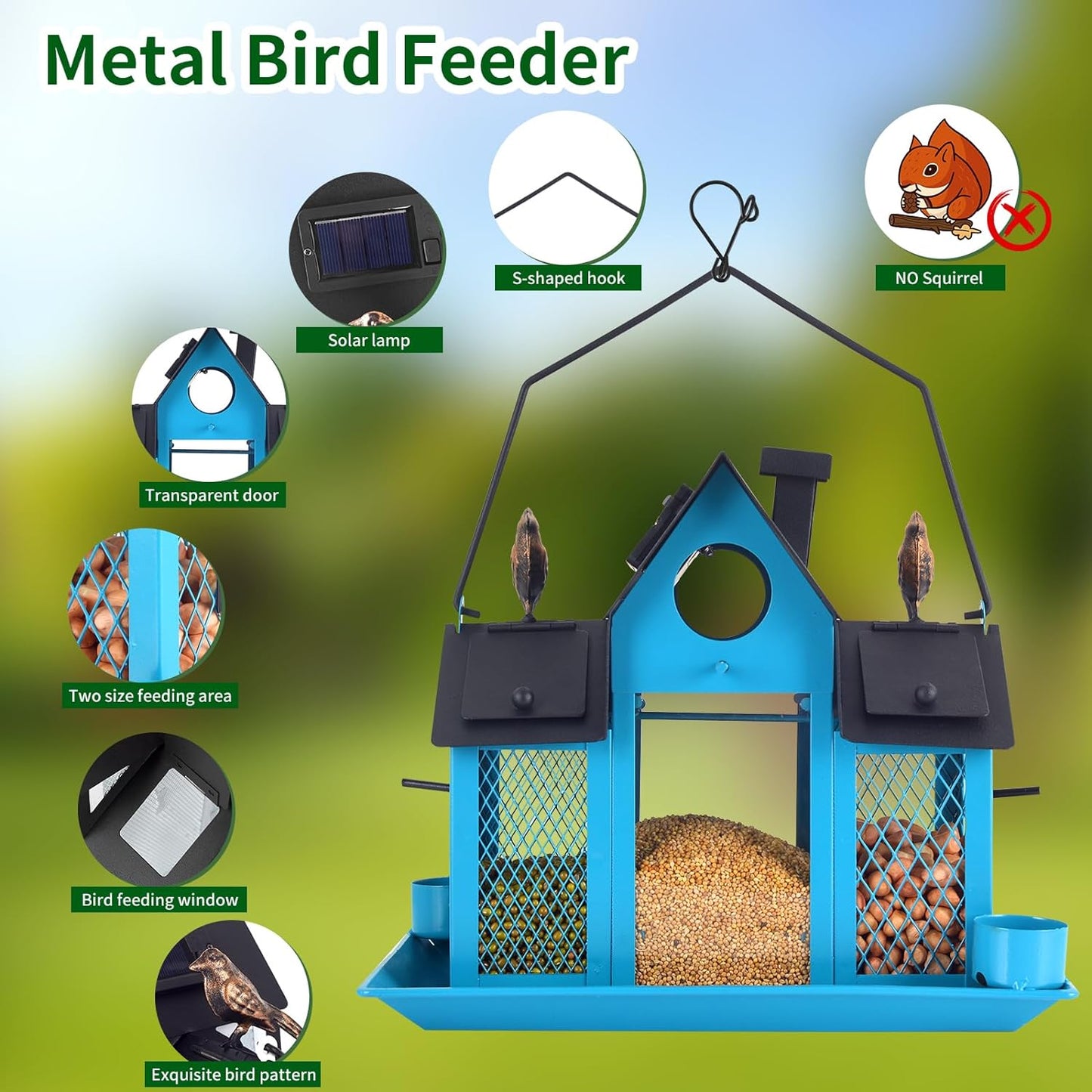 Solar Bird Feeders House for Outside Hanging, Metal Wild Bird Feeder for Outdoors, Large Cardinal Bird Feeder Birdhouses Squirrel Proof (Blue)