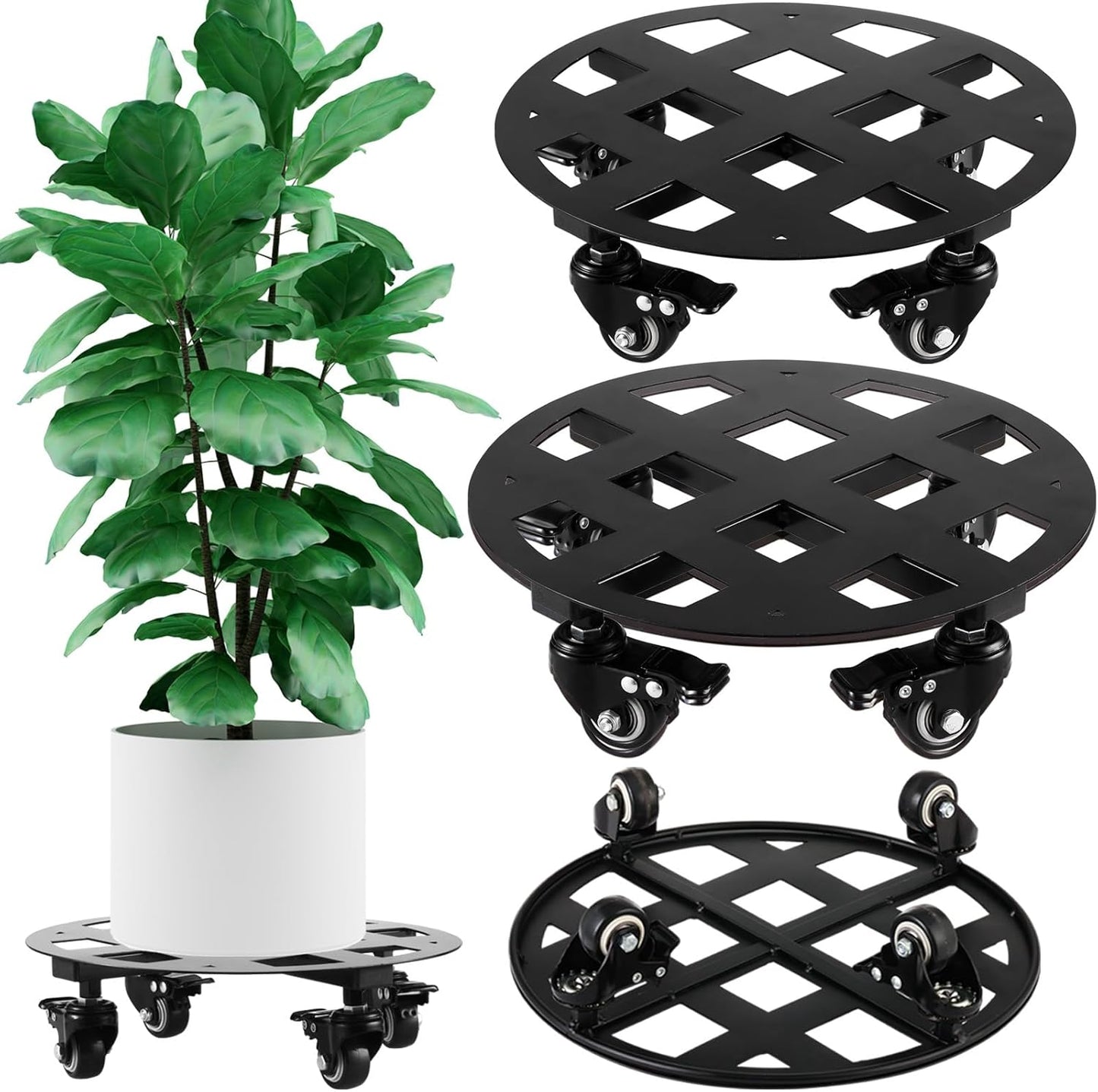 2 Packs 13.6 and 12 inches Large Metal Plant Caddy with Wheels Heavy-duty Round Plant Stands with Casters Indoor Outdoor Flower Pot Mover Roller Base Garden Dolly Coasters Black, Strong Load Capacity