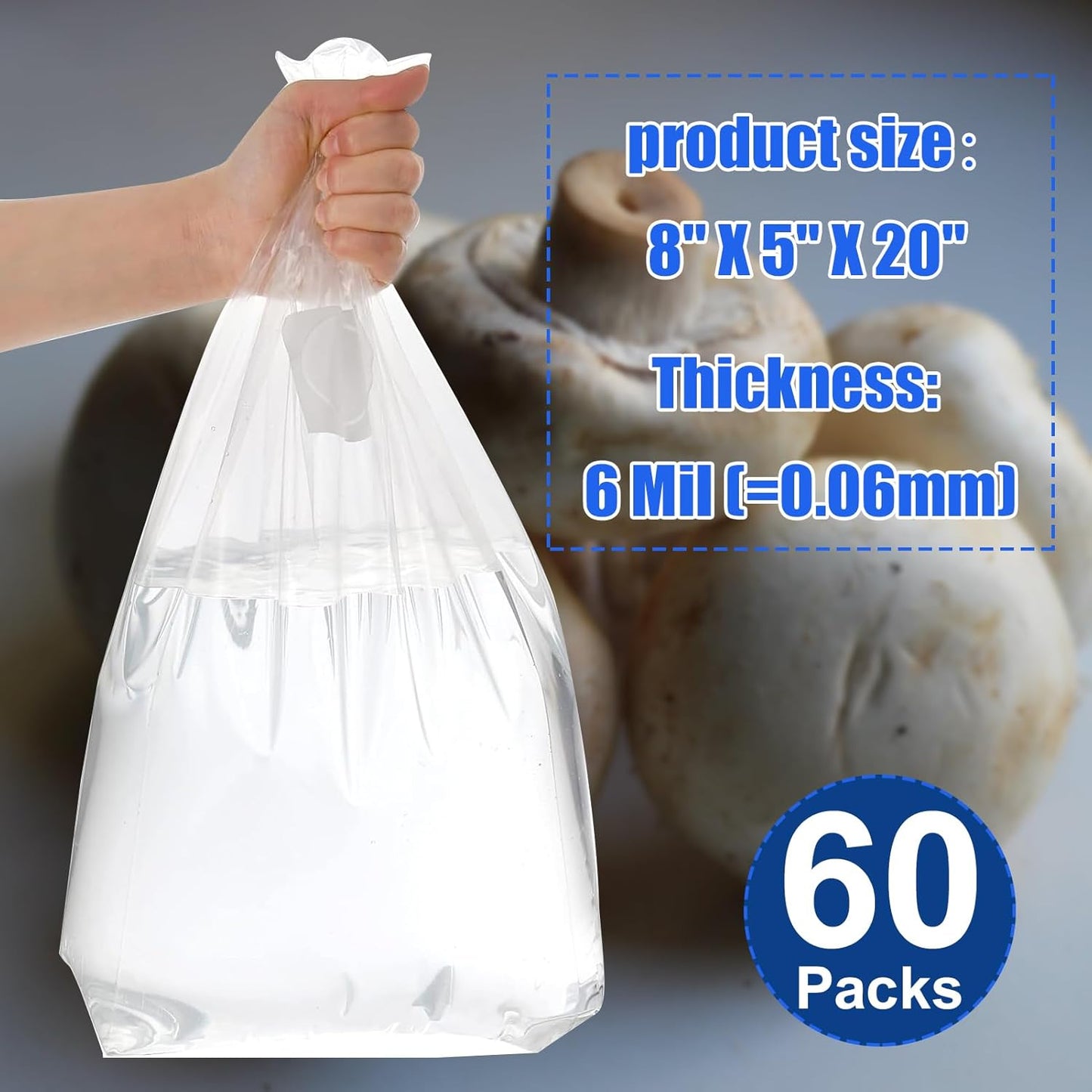 Mushroom Grow Bags with Breathable Micron Filter Patch 60 Pcs 8 X 5 X 20 with Self Healing Injection Port, 6 Mil Thick Spawn Bags, Mushroom Substrate Bags