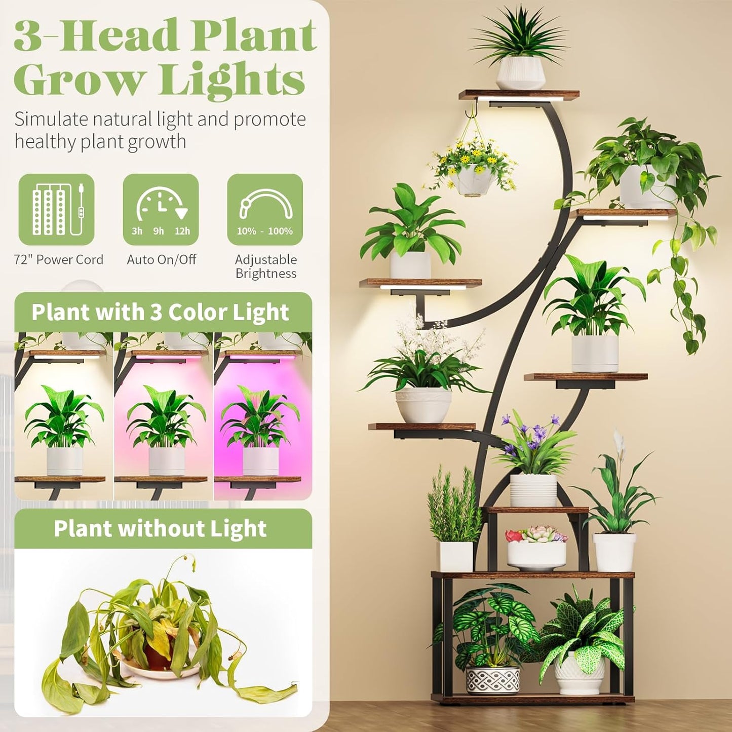Uneedem Plant Stand Indoor with Grow Light, 8 Tiered Plant Shelf for Multiple Plants, 62" Tall Tree Shaped Metal Plant Rack Flower Holder for Room Corner Balcony Garden Patio