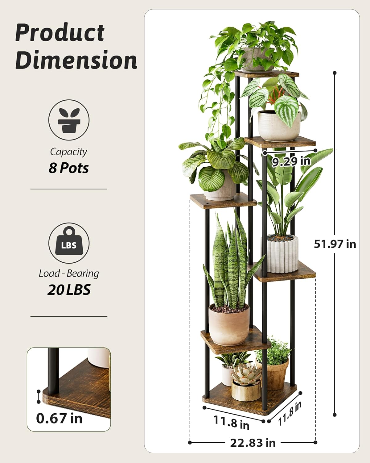 Tall Plant Stand Indoor 6 Tiered Plant Shelf for Multiple Plants Coner Shelf Stand Wood Plant Stand Metal Shelving for Living Room Bedroom Balcony Patio Brown Oak