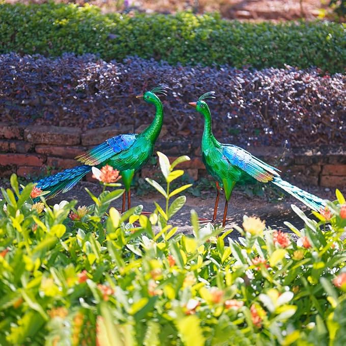 DREAMSOUL Set of 2 Peacock Garden Statues Metal Garden Sculptures & Statues Yard Art Peacock Statue