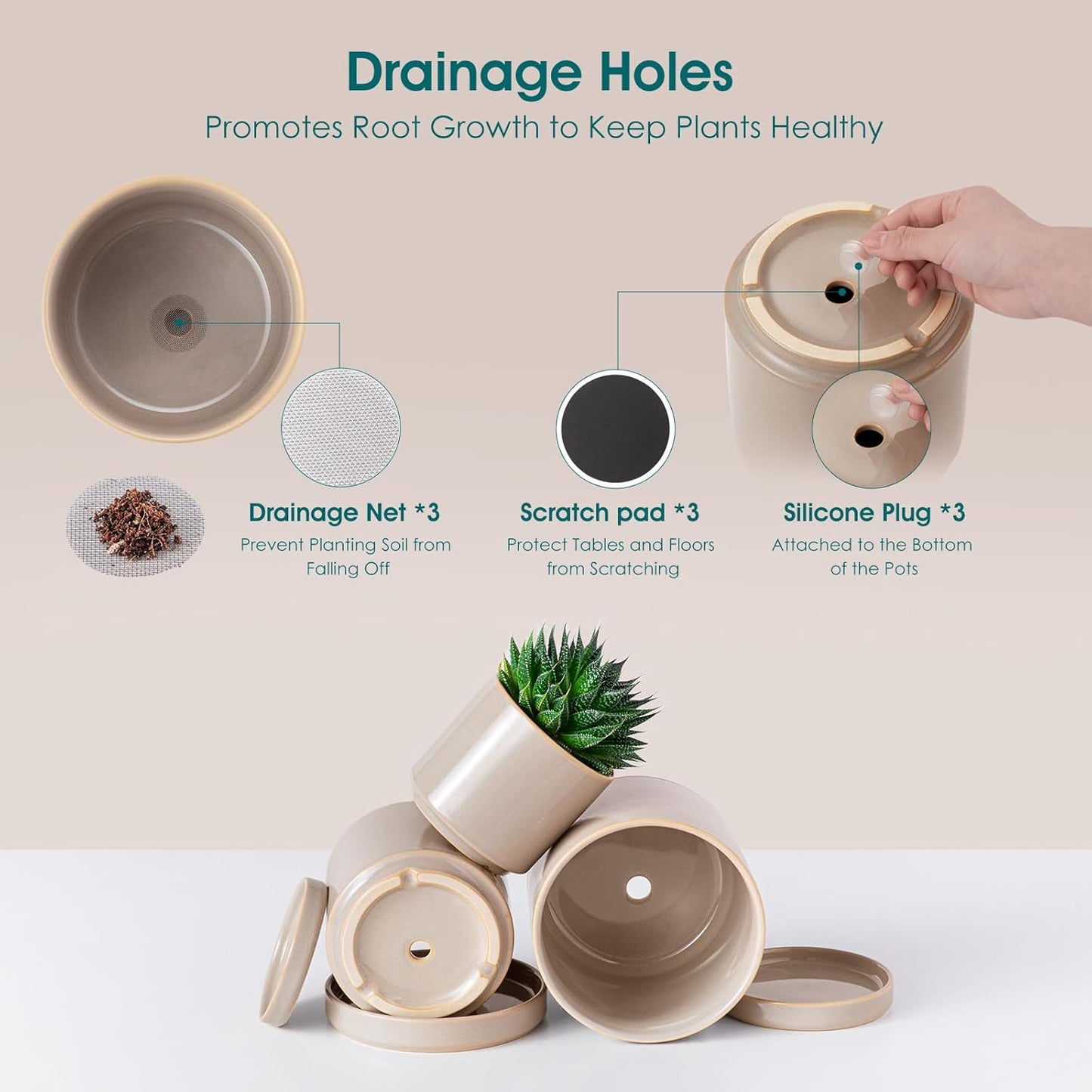 vancasso Ceramic Plant Pots, 3 Piece Planters for Indoor Plants, 4.25+5.25+6.25 Inch Flower Pots with Drainage, Plant Pots Indoor for Succulent, Pothos, Snake Plant and Money Tree, Etc (Gray)