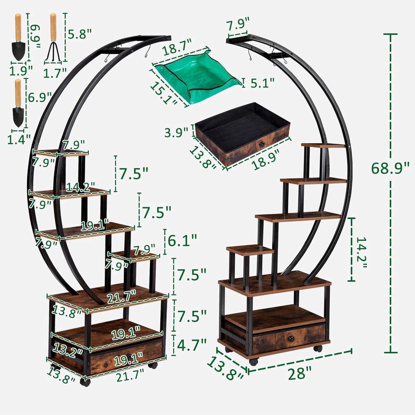 7-Tier Half Moon Indoor Plant Stand with Lockable Wheels, 71” Tall Plant Shelf with Drawer & Accessories, Plant Holder Display Rack for Multi-plants, Plant Rack for Patio Balcony Living Room (Half Moon)