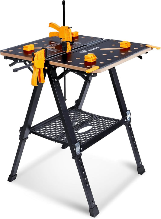 Portable Workbench & Sawhorse, 1000Lbs Capacity Heavy Duty Folding Work Table, 23.6"-36" Adjustable Height with 2 Quick Clamps, 4 Bench Dogs, 2 x 4 Support Arms for Garage