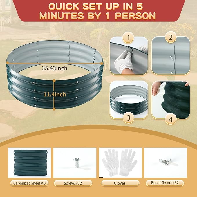 Durable Round Steel Raised Garden Bed Painted for Planting Vegetable/Herbs/Flowers/Trees at Backyard/Garden,or Baby Chicken,Christmas Tree Fence (Dark Green, 36 ins Diameter x 12 ins high)