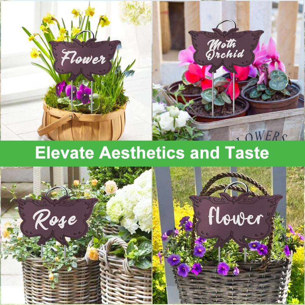 Metal Plant Labels, Tall Outdoor Butterfly Garden Markers for Flowers, Fruits and Vegetables, 304 Stainless Steel Weatherproof Signs (25 Packs, 4" x 2.3", Purplish Red Butterfly Design)