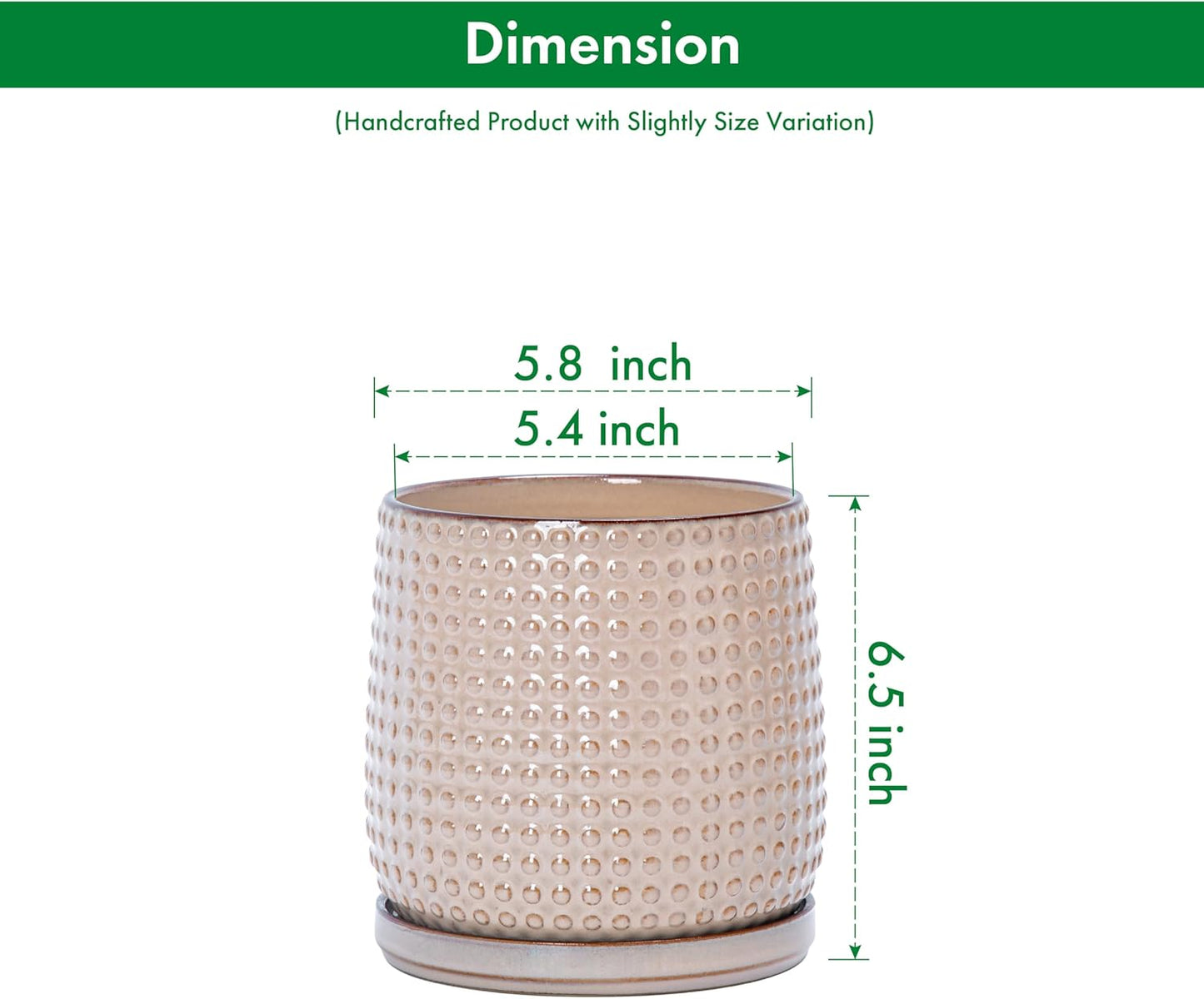 D'vine Dev Set of 2 Ceramic Plants Pots, 6 Inch Beaded Stoneware Flower Pot for Plants with Drainage Hole and Saucer, Light Brown, 27-E-X-4