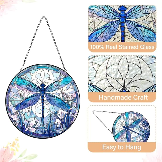 Dragonfly Decor Suncatcher Stained Glass Window Hanging - Handmade Artistic Suncatchers for Windows Hanging - Wall Home Decor Suncatcher with Metal Chain and Hook Gift for Women Mom Home Porch Garden