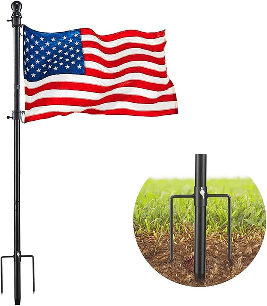 Black Flag Poles for Outside in Ground - 8FT Flag Pole for House with 2 Pronges Base - Stainless Steel Flag Pole Kit with 3x5FT American Flag for Yard Residential Commercial