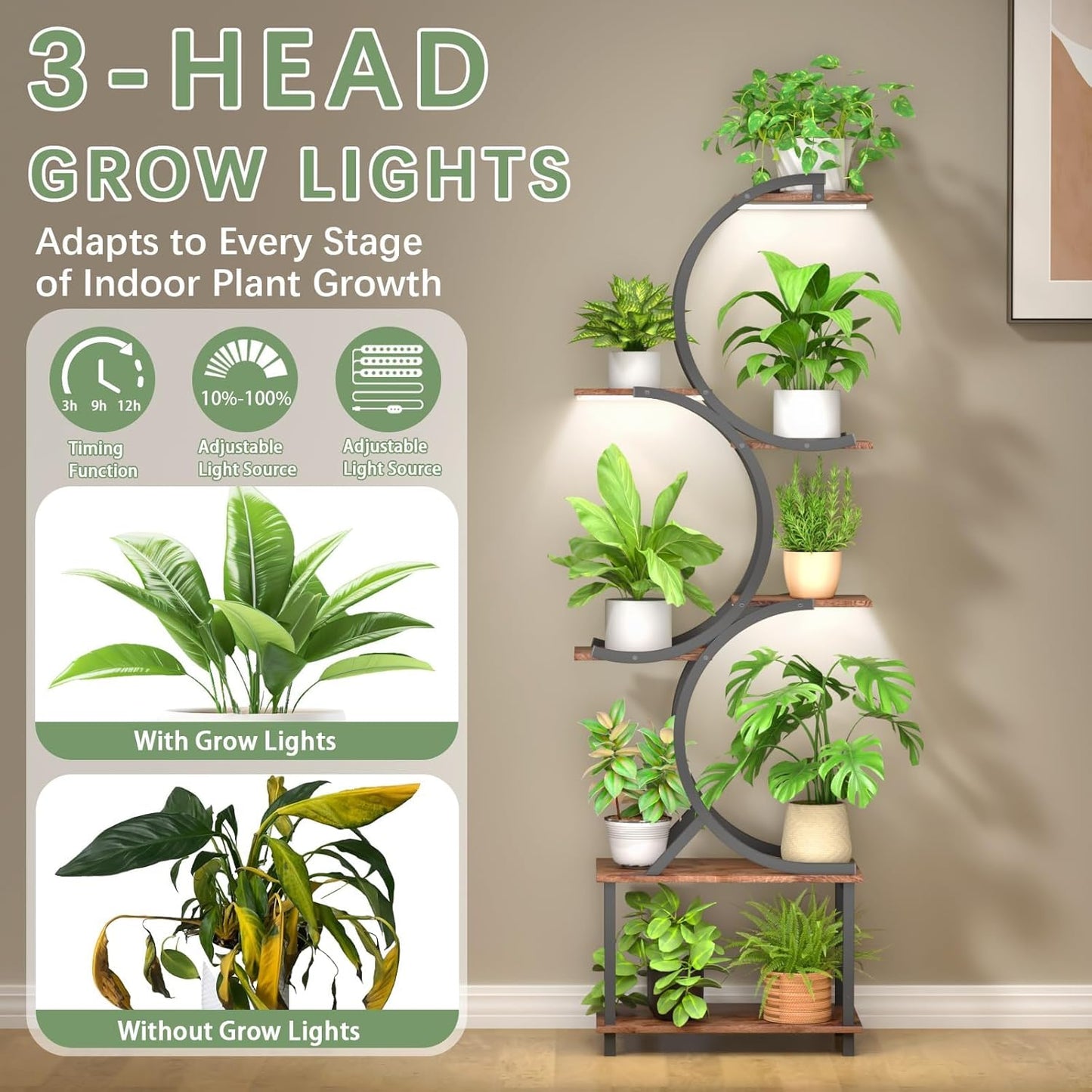 Plant Stand Indoor with Grow Lights, 65 inch Tall Plant Shelf for Multiple Plants, 7 Tiered Metal Plant Stands Indoor, for Living Room, Corners Patio Balcony or Office (Rustic Brown)