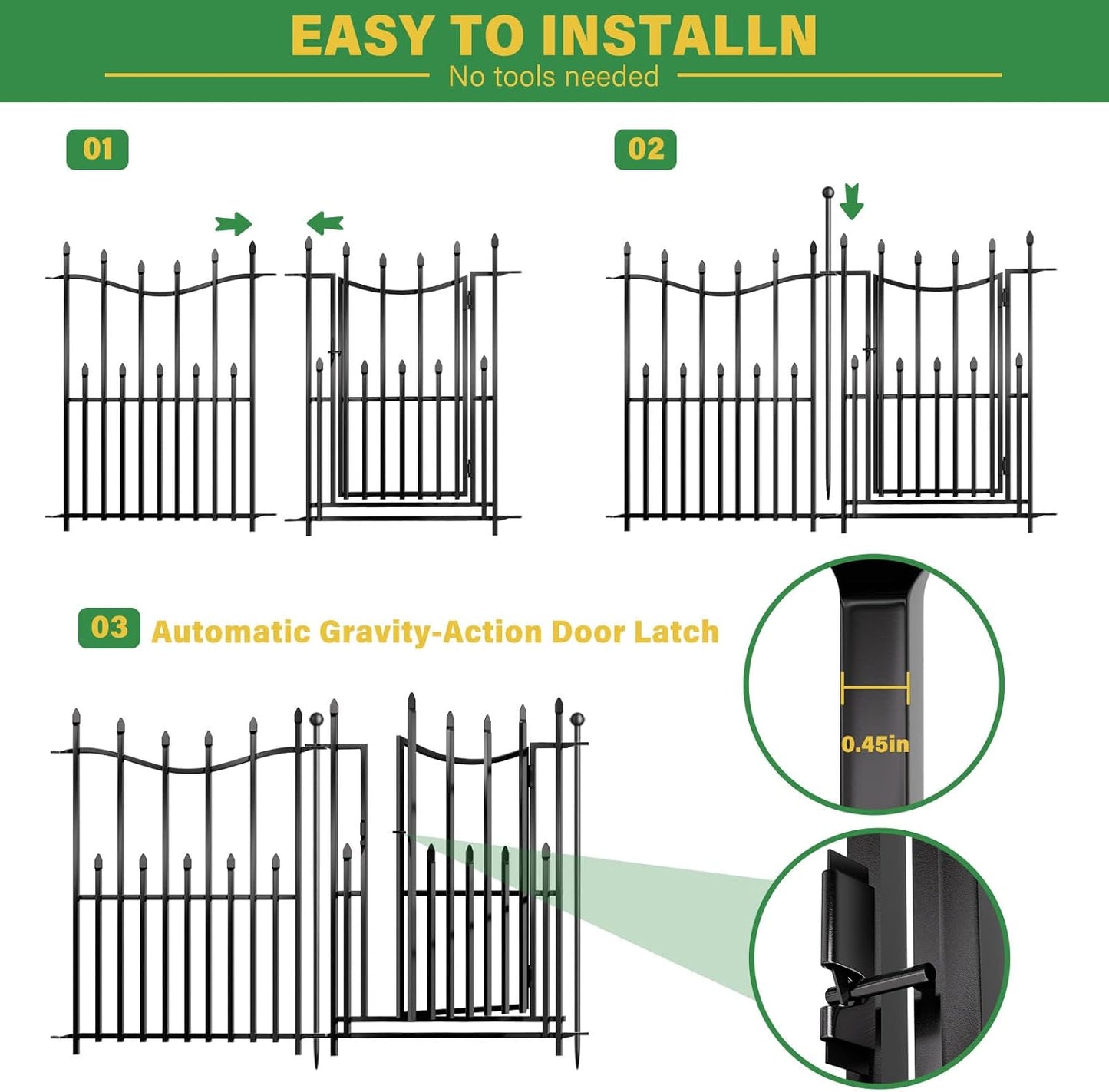 10 Panels No Dig Decorative Garden Fence with Gate, 32in(H) × 22ft(L) Heavy-Duty Rustproof Metal Panels, Outdoor Dog Barrier for Yard & Patio, Landscape, Border| Portable Temporary Fencing