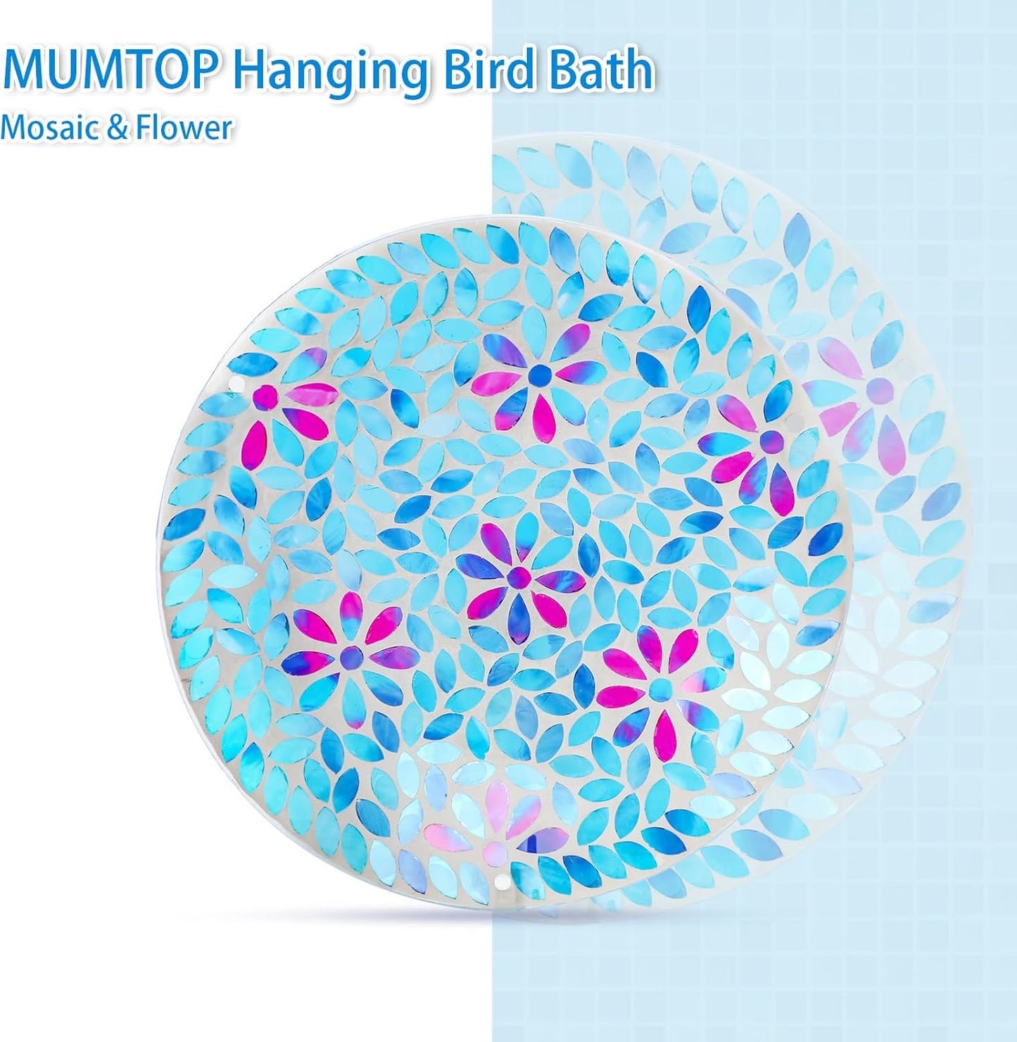 MUMTOP Mosaic Hanging Bird Bath-Bird Baths for Outdoors - 12 Inch Glass Bird Water Bowl Bird Feeders for Outside, Garden, Lawn Yard Decor（Blue）