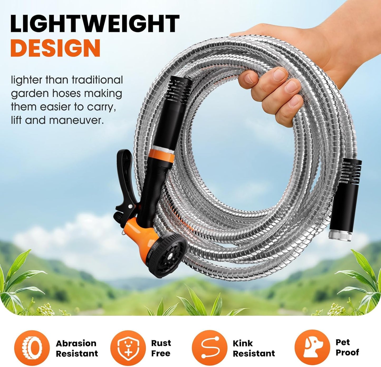 Garden Hose 100 FT - Flexible Metal Hose with 10 Function Nozzle, Kink Free, Lightweight, Durable, Crush Resistant Fitting, Easy to Coil, Puncture Proof Hose for Yard, Rv, 600 PSI - 2025 Model