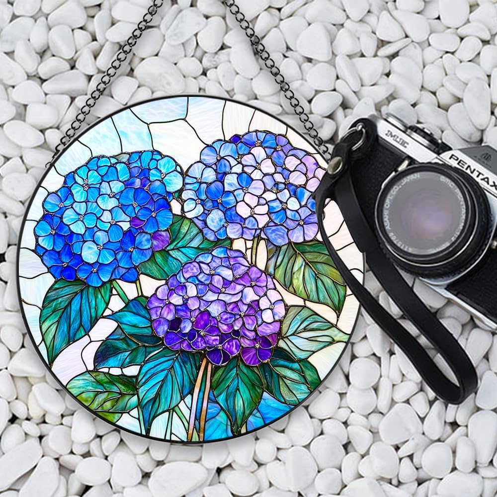 Hydrangea Flower Stained Glass Sun Catcher - Handmade Vibrant Window Hanging Decor with Chain & Hook, Floral Art for Home & Garden, Unique Gift for Women & Plant Lovers (Blue, 14.9*14.9IN)