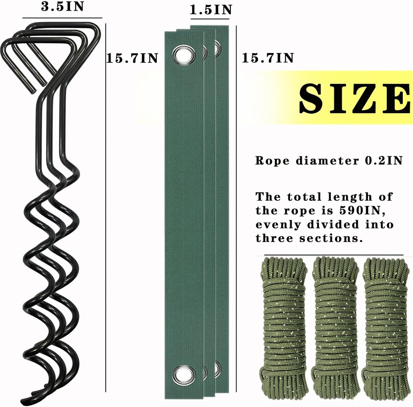 Tree Stake Kits, Tree Stakes and Supports Kits for Hurricane Protection & Bad Weather, Include 3 PCS 15.7" Heavy Duty Spiral Steel Tree Stakes, 3 PCS 15.8" Tree Straps and 3PCS 16.4FT Rope