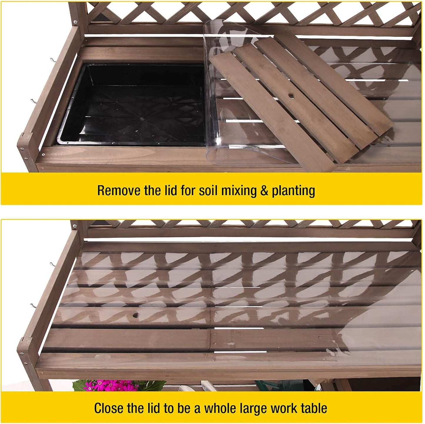 Aivituvin Potting Bench with PVC Layer, Outdoor Gardening Work Bench with Sink & Lid, Wooden Planting Table for Outside with Storage, Drawer, Shelf, Hook
