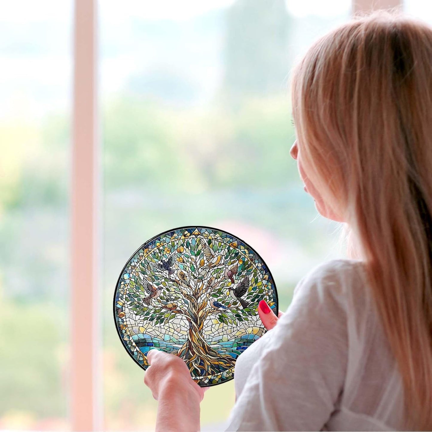 Tree of Life with Birds Sun Catcher RVEAFA Stained Glass Window Hanging Birds Lover Gifts for Women Wall Decor Handmade Sun Catcher Decoration for Garden Home Housewarming Gifts（20 * 20cm