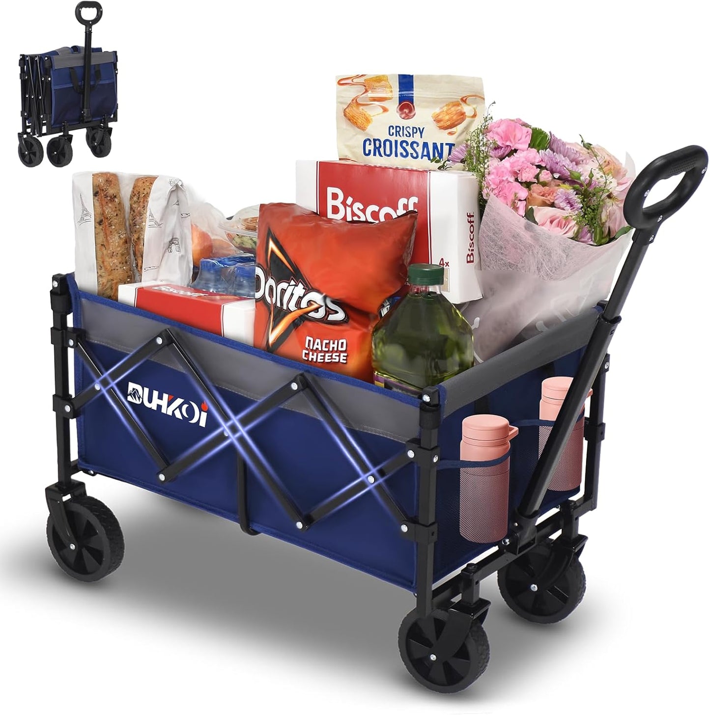 Collapsible Wagon Cart with Wheels Foldable,11 Lbs Lightweight Portable Folding Utility Wagon,90 L Heavy Duty Grocery Shopping Carts,Versatile for Garden Sports Camping Outdoor Use (Navy Gray)