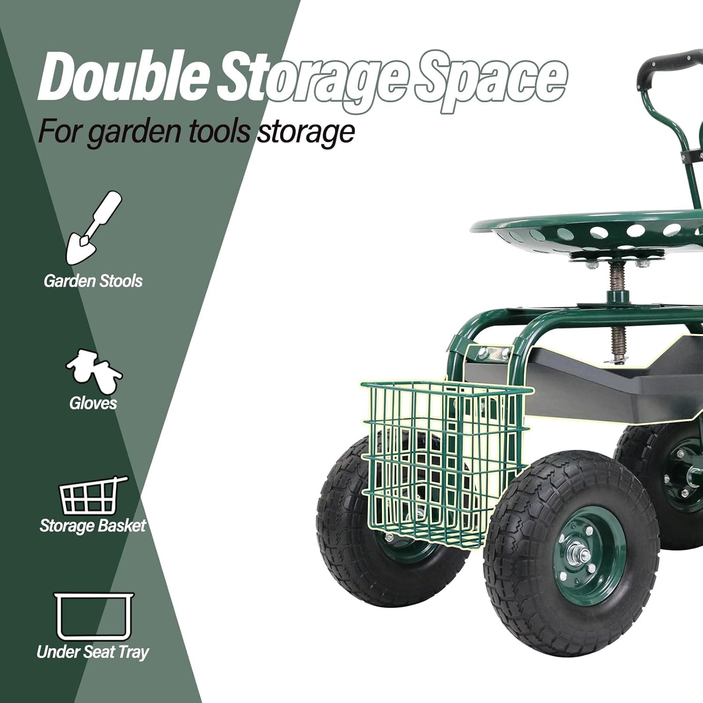 BESTHLS Garden Cart with Seat on Wheels Rolling Gardening Stool with Wheels Heavy Duty for Planting with 360 Degree Swivel Seat Steering Handle & Utility Tool Tray