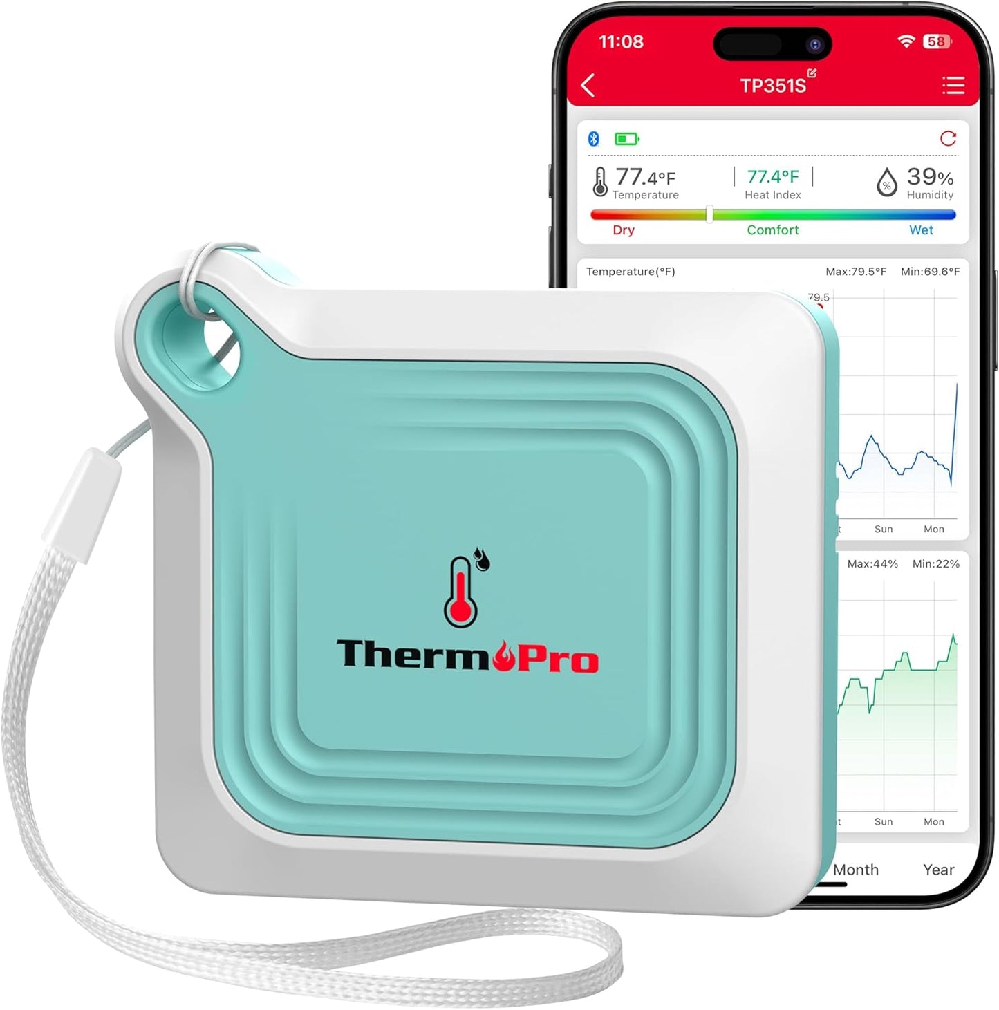 ThermoPro Bluetooth Room Indoor Thermometer, Temperature and Humidity Monitor, 260FT Remote App Control Bluetooth Temperature Sensor, 2-Year Data Storage Export for Greenhouse Room Home RV, Green