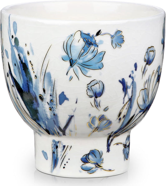 5.5 Inch Decorative Flower Pots, Blue and White Plant Pot Gold Accent Ceramic Planters for Indoor Plants Pots with Drainage Retro Planter Pot for Succulents Cactus Herb Snake Plants Outdoor Garden