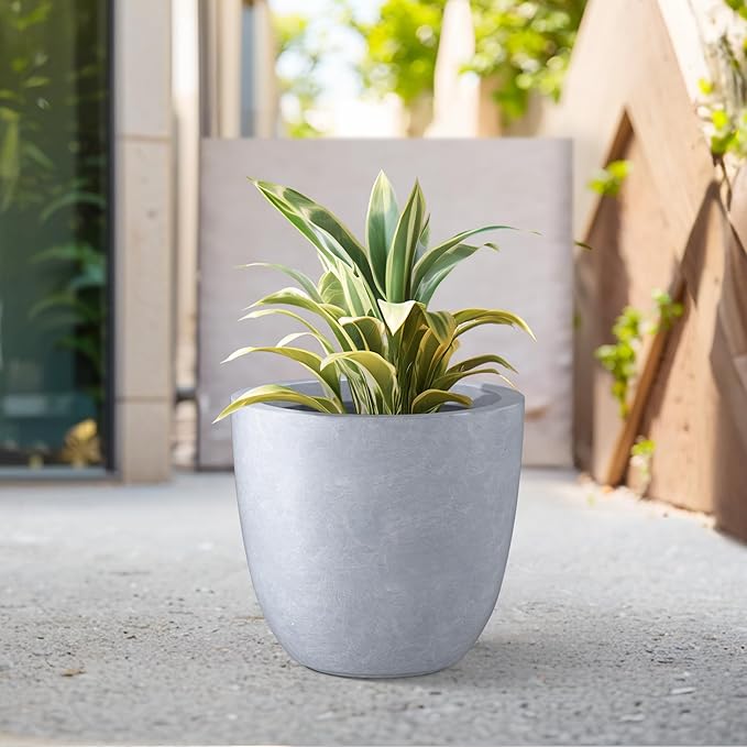 Kante 14 Inch Dia Round Concrete Planter, Indoor Outdoor Large Plant Pot with Drainage Hole and Rubber Plug for Home Patio Garden, Gray