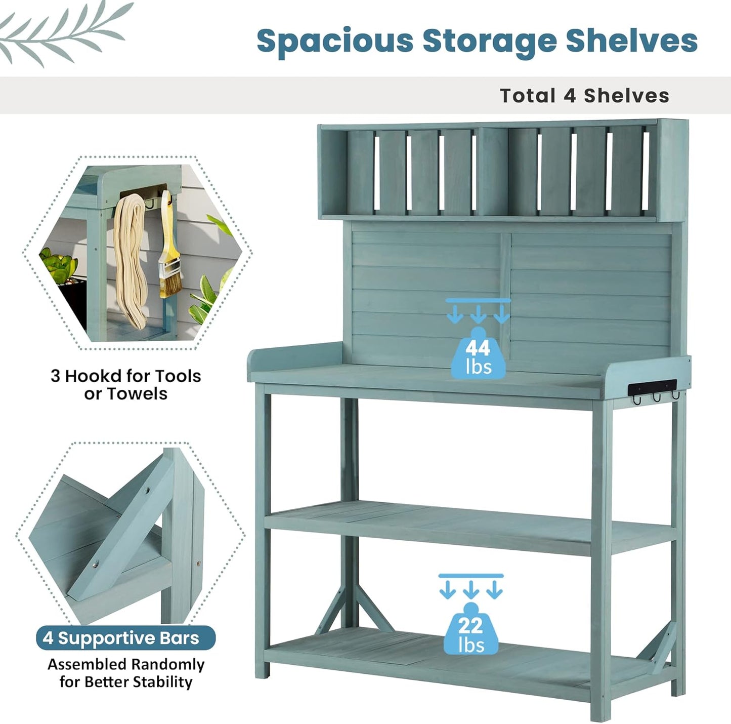 65" Wooden Potting Bench with 4 Shelves & Side Hook - Farmhouse Style Outdoor Garden Workstation (Green + Solid Wood + NaturalWood Color-1)