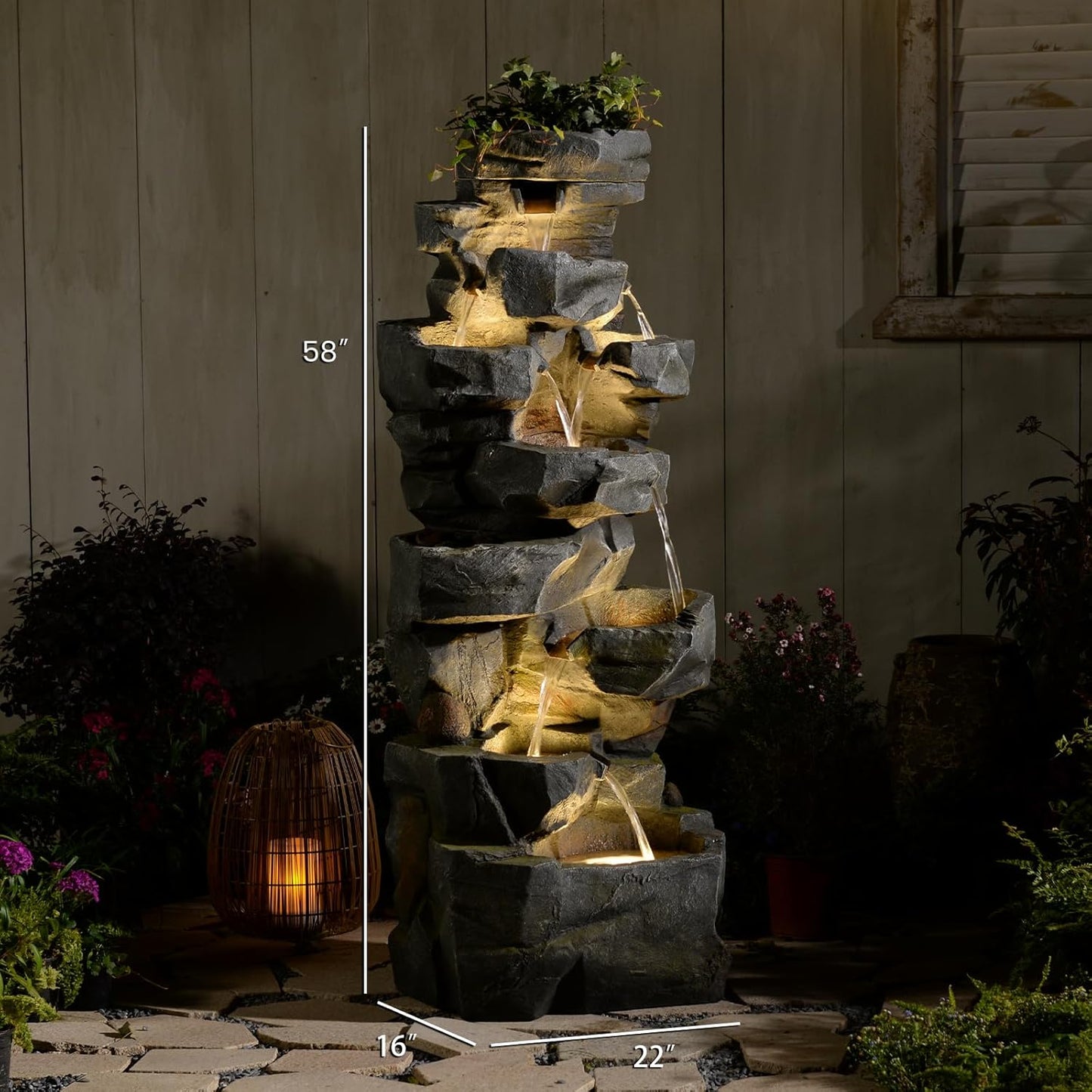 58Inch Outdoor Garden Water Fountain 6 Tiers Large Cascading Rock Natural Waterfall Outdoor Fountain with LED Lights for Patio Porch Backyard Home Art Decor
