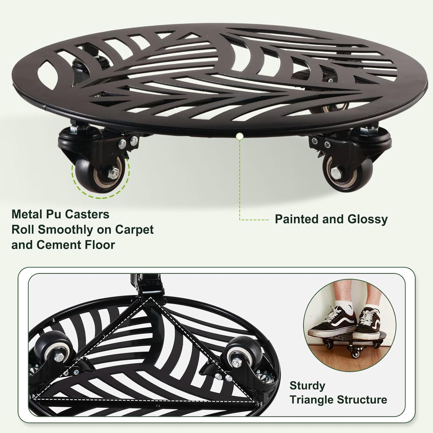 2 Packs Metal Plant Caddy with Wheels 13” Heavy-duty Wrought Iron Rolling Plant Stands with Casters Indoor and Outdoor Plant Pot Roller Base Plant Saucer Movers Black, Strong Load Capacity
