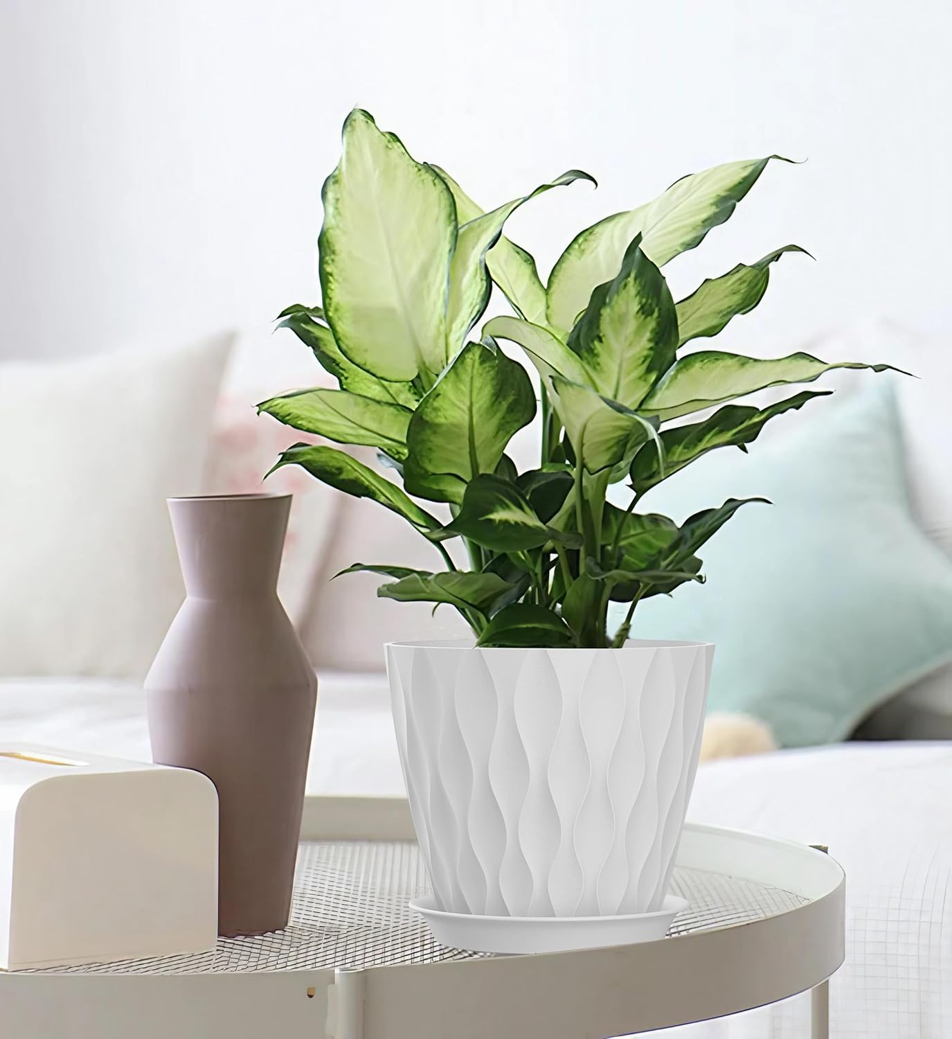 7 Inch Plant Pots 5 Pack, Flower Planters with Drainage Holes and Trays,Plastic Pots for Indoor Outdoor Plants,White