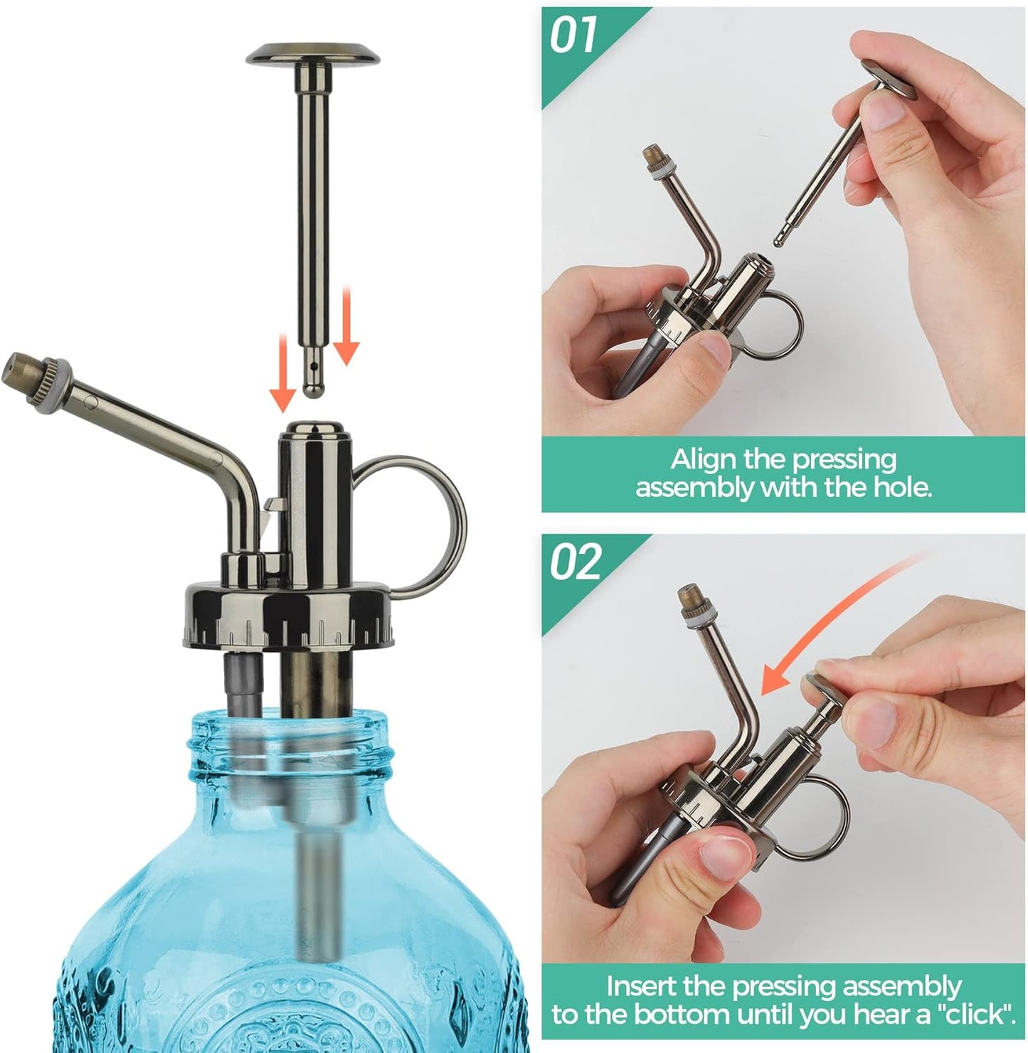 T4U Glass Plant Mister 200ML, Vintage Spray Bottle with Top Pump, Fine Mist Garden Flower Sprayer Small Decorative Spritzer Watering Can Gift for Indoor Outdoor Succulent House Plant (Aqua Blue)