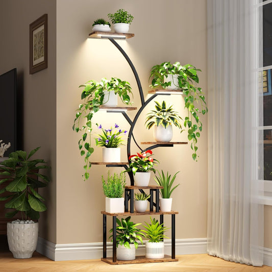 C3 Plant Stand Indoor with Grow Lights, 8 Tiered 62.2" Tall Plant Stand, Corner Large Metal & Wood Plant Shelf, S-Shaped Plant Display Shelves for Living Room, Patio, Outdoor