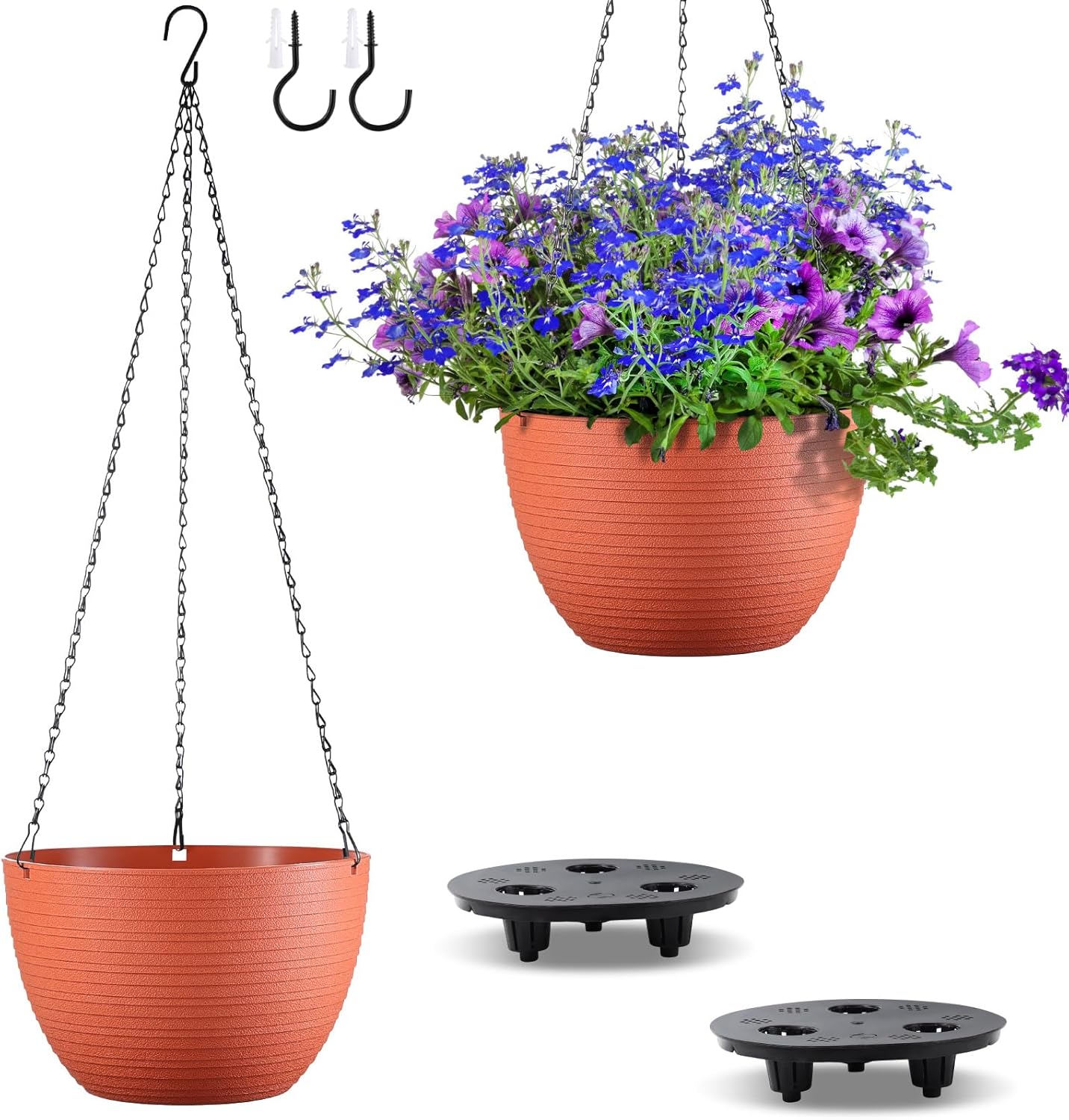 Hanging Planters for Indoor Outdoor Plants, Set of 2 Self Watering Hanging Pots with Drainage Hole & Plug and 20" Chain & Hooks