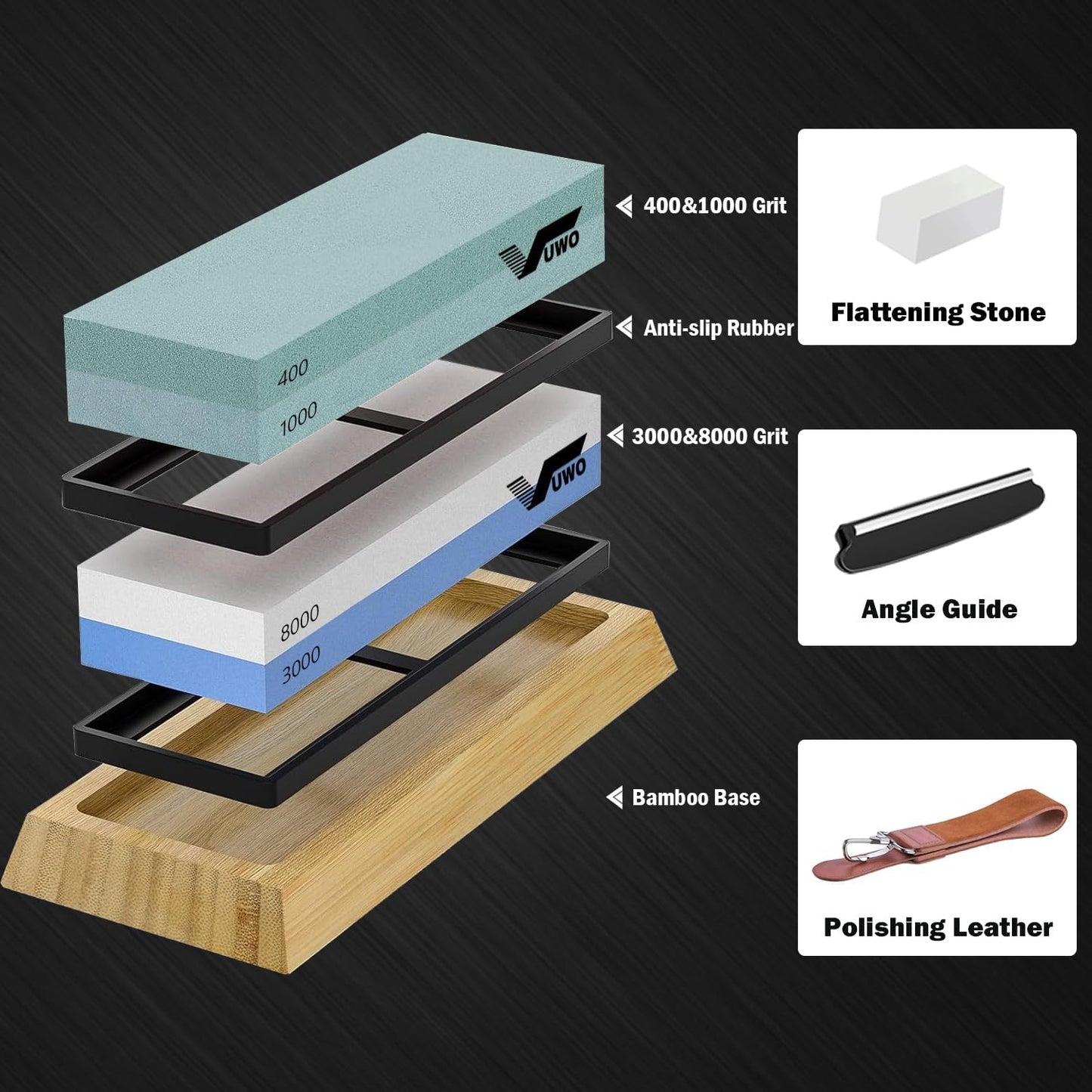 Knife Sharpening Stone Kit - Whetstone Grit 400/1000 3000/8000 Premium Knife Sharpener Wet Stone Set with Bamboo Base Angle Guide Leather Strop Flattening Stone Silicon holder