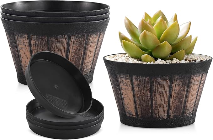 Quarut 6 inch Brown Barrel Planters with Drainage Holes & Saucer, Set of 4, Indoor & Outdoor Garden Home Plants