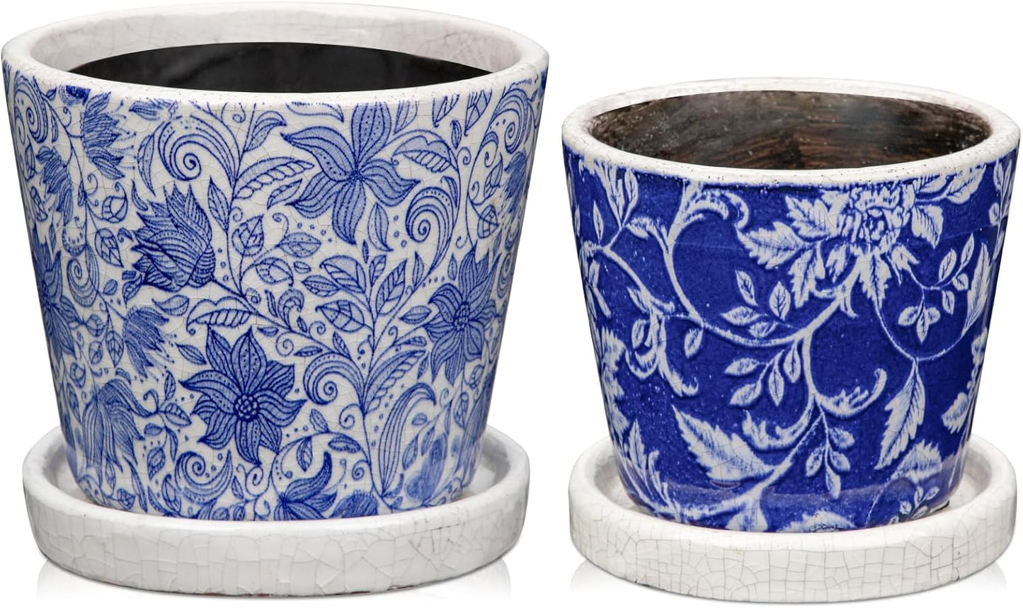 Set of 2 Ceramic Blue and White Plant Pots with Drainage Hole and Saucers, Vintage Farmhouse Accent Planters for Indoor Plants, Round Flower Pots Rustic Succulent Pots Terracotta Tubs 5.7/4.7 Inch