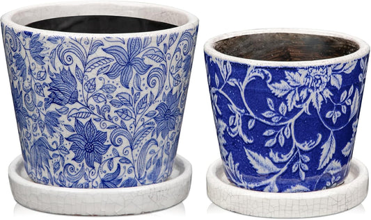 Set of 2 Ceramic Blue and White Plant Pots with Drainage Hole and Saucers, Vintage Farmhouse Accent Planters for Indoor Plants, Round Flower Pots Rustic Succulent Pots Terracotta Tubs 5.7/4.7 Inch