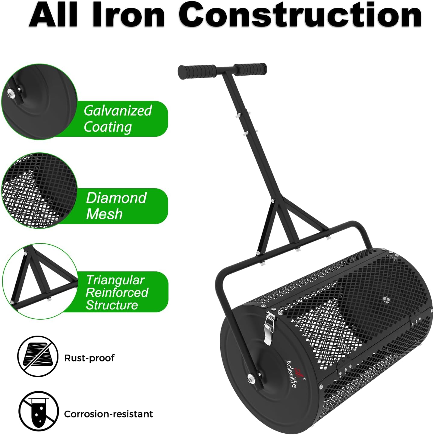 24 Inch Compost Spreader, Lawn and Garden Peat Moss Roller with Side Latches, 24-31.1" Height Adjustable Handle, Metal Mesh Basket for Spreading Topsoil, Manure, Mulch, Black