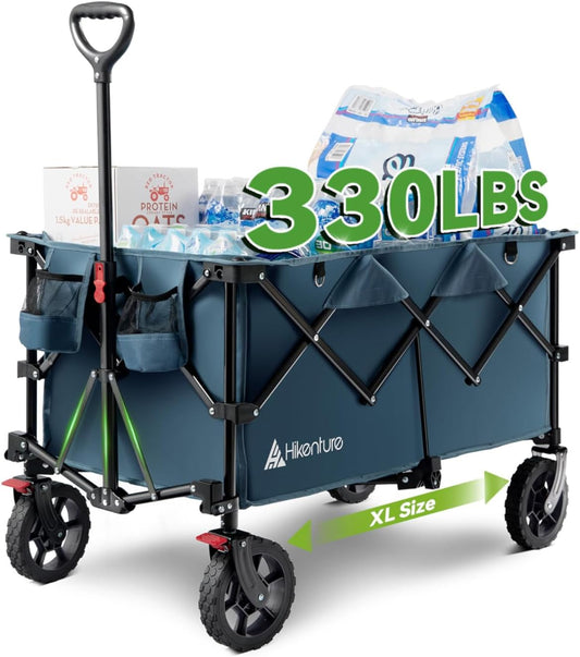 Hikenture 330lbs Collapsible Wagon Cart, Ultra-Large Wagons Carts Foldable Heavy Duty, Utility All Terrain Folding Wagon with Wheels for Groceries, Garden, Sports, Beach, Shopping, Blue