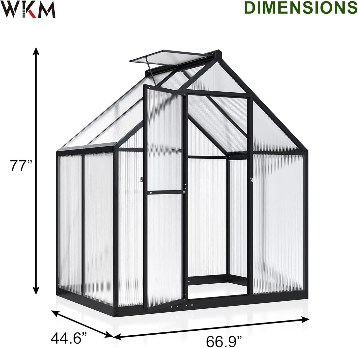 WKM Greenhouse - 5.6x3.7 FT Quick-fit Aluminum Structure with Window Ventilation, Black
