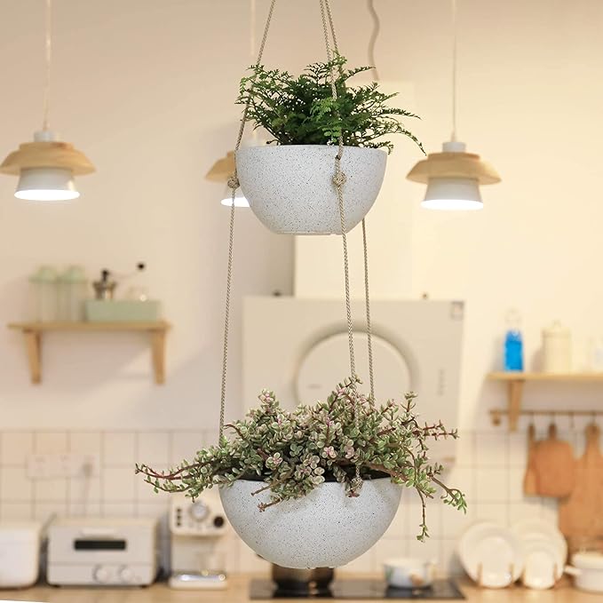 LA JOLIE MUSE 2 Tier Hanging Planters for Indoor & Outdoor Plants - Modern Flower Pots with Rope, Garden Planters with Drain Holes, Speckled White