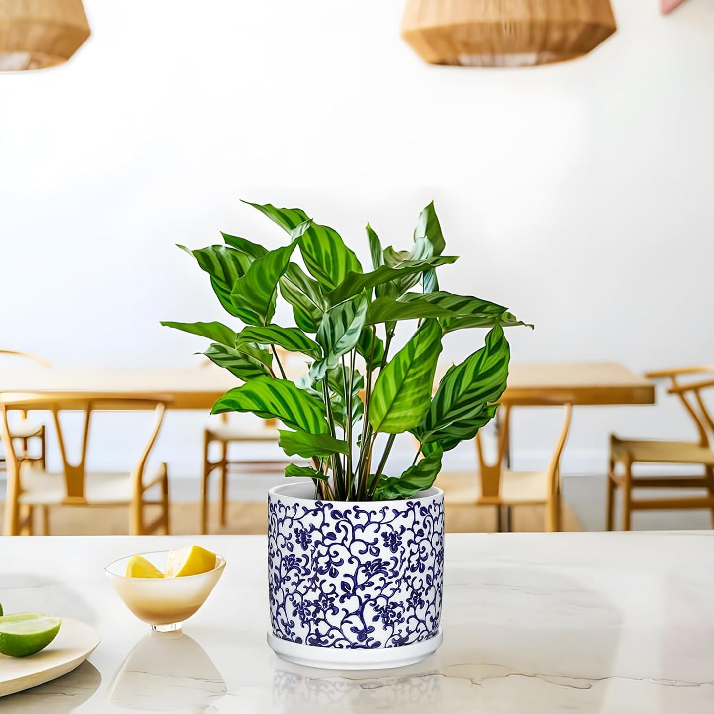 Set of 2 Blue and White Ceramic Plant Pots with Drainage Hole and Saucers, Retro Blue Porcelain Vase Round Planters for Succulent Cactus Indoor Outdoor Garden Home Desktop Decor, 4.5+5.5 Inch