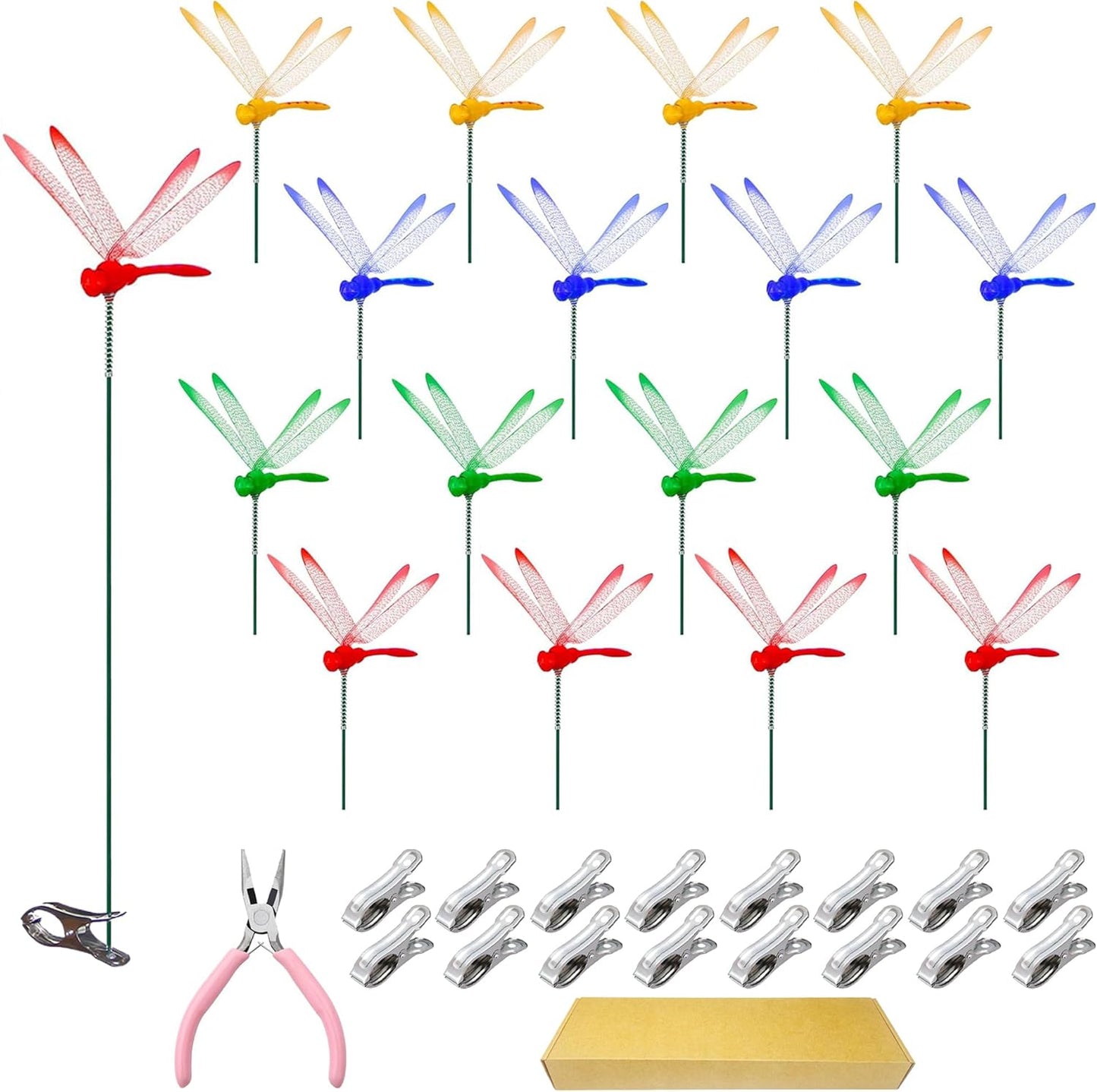 Jongdari 16 Sets Dragonfly Hat Clip Realistic Fake Dragonflies Clip-On Garden Outdoor Decor Stakes Plastic Dragon Fly Clips Plant Decorations for Pots, Includes Pliers & Clips - Small