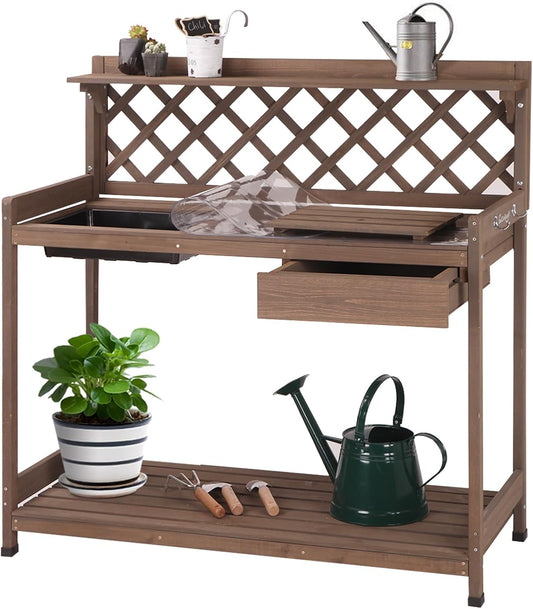 Aivituvin Potting Bench Outdoor with PVC Layer Wooden Planting Table with Sink & Lid Gardening Work Bench with Drawer, Shelf, Hook